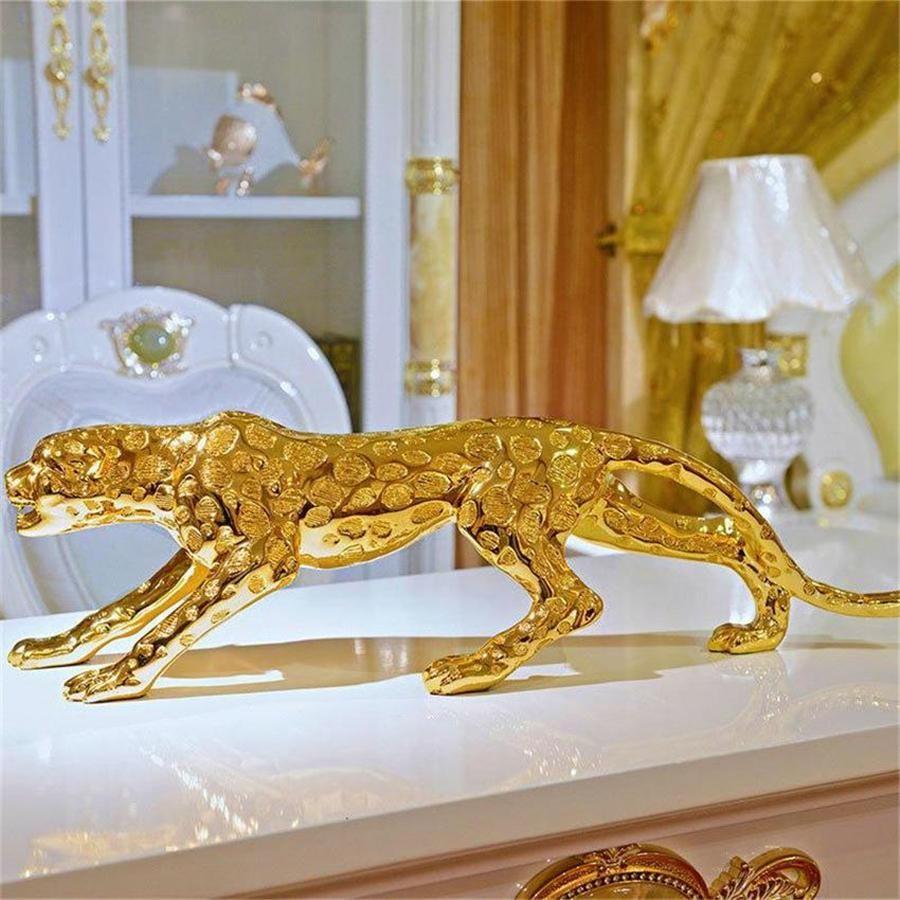 

New Modern Abstract Gold Panther Sculpture Geometric Leopard Statue Wildlife Decorative Objects Gift Craft Ornament Accessories Furnishing