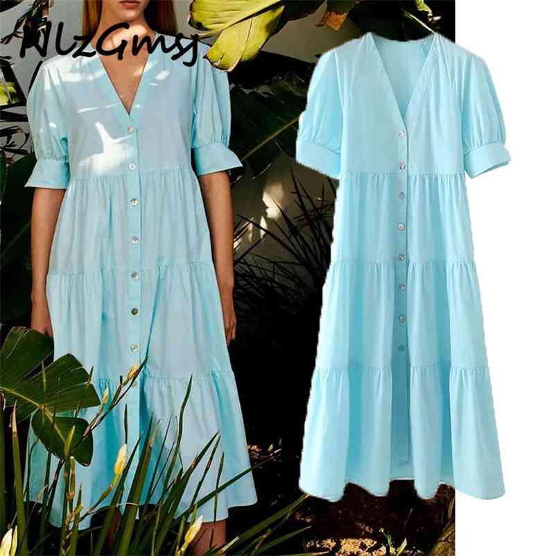 

Women Dress Solid Single Breasted A-Line Casual Party Vestido Elegant V-Neck Loose Midi Girls Outfits 04 210628, As picture