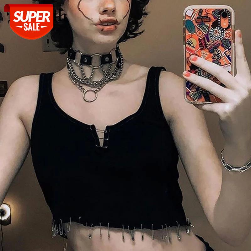 

InsGoth Punk Pins Patchwork Tanks mall Goth E Girl 90s Summer Cropped Top Grunge Streetwear Harajuku Sleeveless Women Tank Tops #VO8j, White