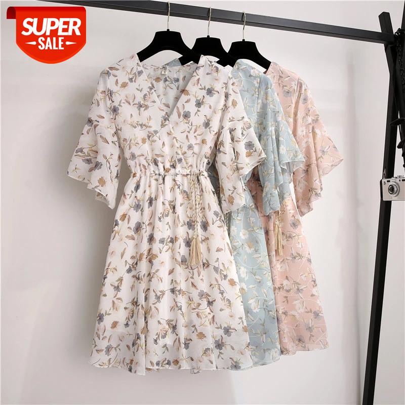 

Spring Summer Chiffon Dress Women Knee Length V-Neck Print Dresses Sweet Ruffle Sleeeve Slim New Casual Drawstring Women Dress #Da0B, Black;gray