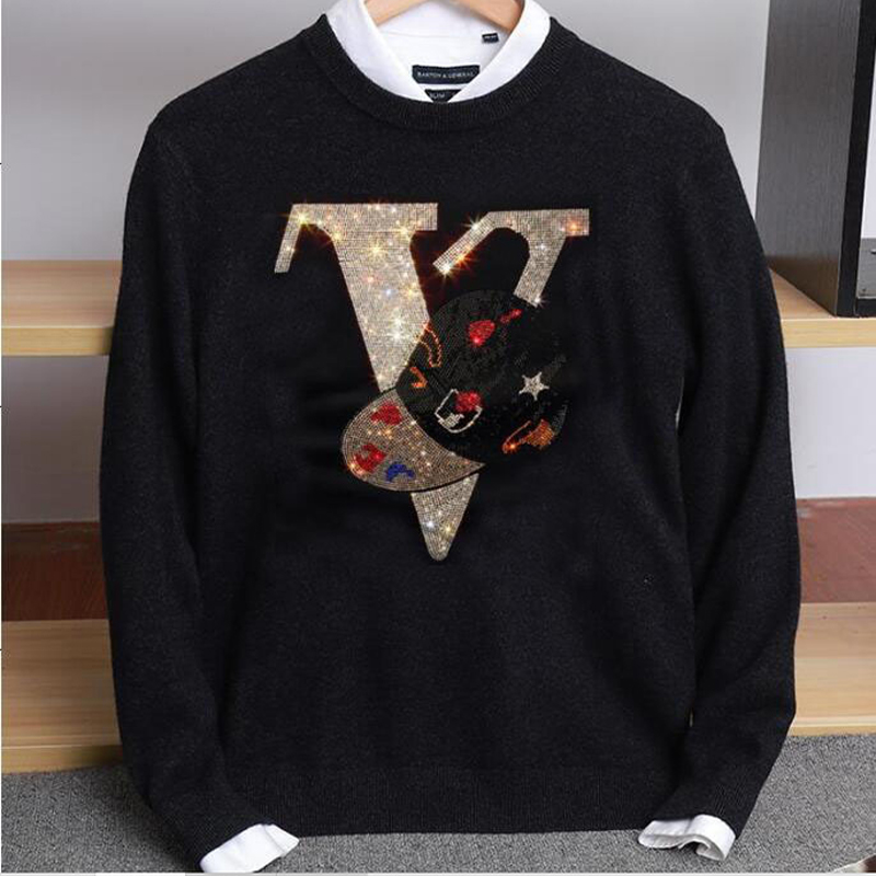 

Men Hip Hop Loose Hot Diamonds Sweater Casual Loose Knitted Pullover Autumn Winter 2022 New Male Wool Brand Designer Solid Color Man Clothing, Black