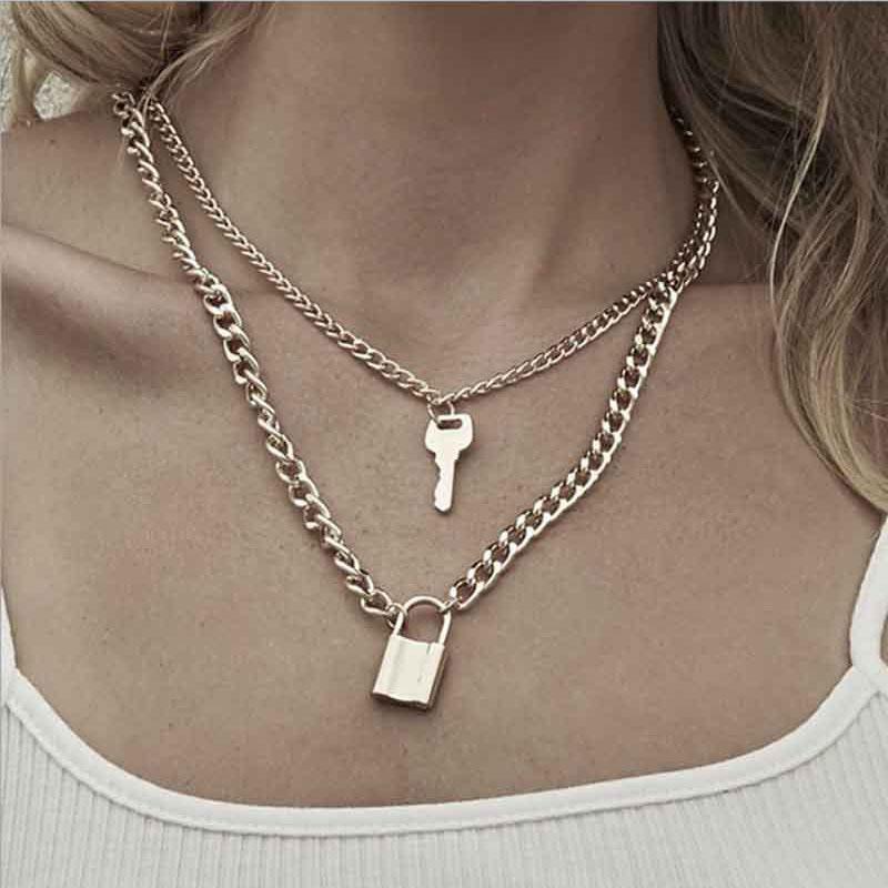 

Pendant Necklaces Punk Creative Thick Chain Lock Key Necklace Women Vintage Double Layer Geometric Clavicle Jewelry Kolye YN1574