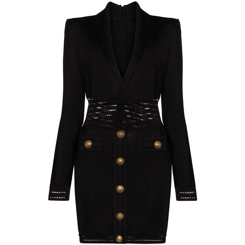 

HIGH QUALITY est Fall Winter Designer Dress Women' Long Sleeve Notched Collar Knit 210526, Black