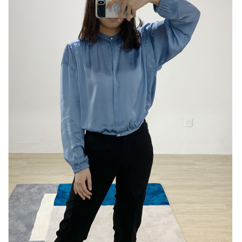 

2021 New 100% Senhoras Escritrio De Seda Blusa Solta Bat Manga Curta Camisas Femininas Azul Preto Casual Topos Tmfu, Black