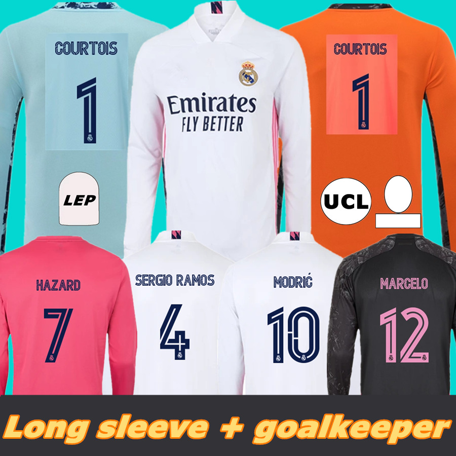 

REAL MADRID jerseys 20 21 soccer football shirt HAZARD SERGIO RAMOS BENZEMA ASENSIO camiseta MODRIC Long sleeve + COURTOIS goalkeeper jersey, Black;yellow