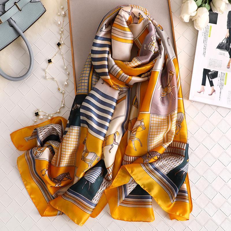

Scarves 2021 Luxury Women Scarf Silk Design Horse Printed Lady Travel Shawls And Wraps Foulard Female Hijab Beach Pashmina