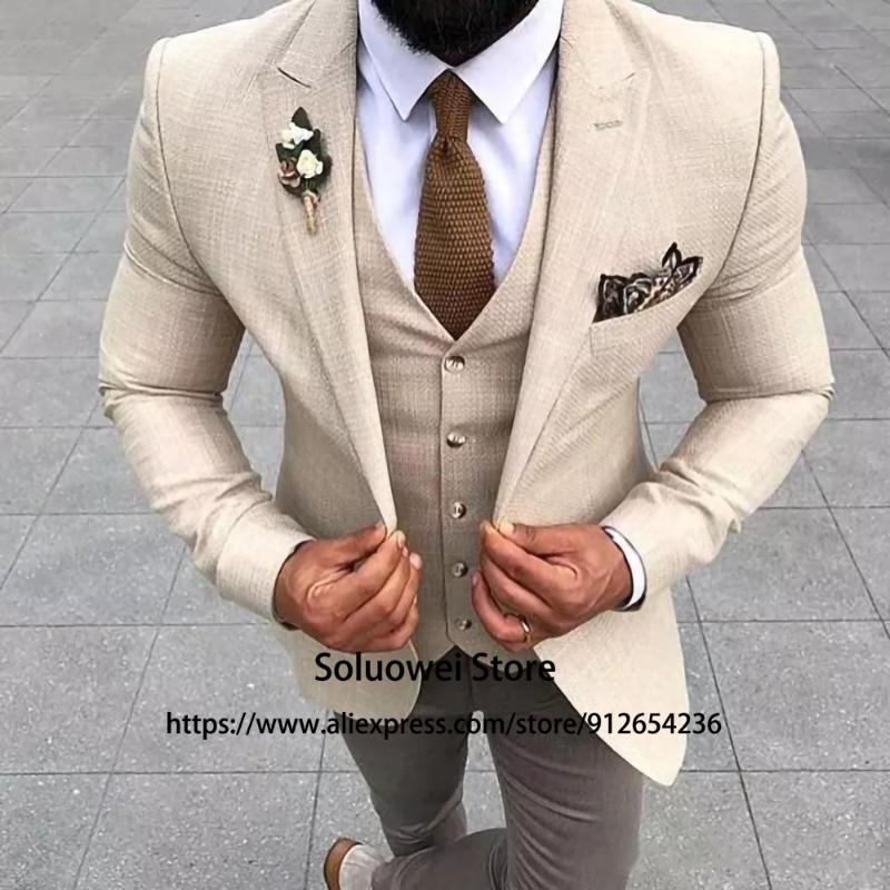 

Men' Suits & Blazers Fashion Beige Slim Mens 3 Piece Jacket Vest Pants Set Groom Wedding Peaked Lapel Tuxedo Formal Business Blazer Masculi