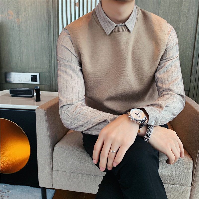 

2021 New High Quality Autumn Mended of Business Knitted Shirt Men's Clothes Hot Pullovers Wholesale Casual Pull Homme Sale Dd12, Khaki.