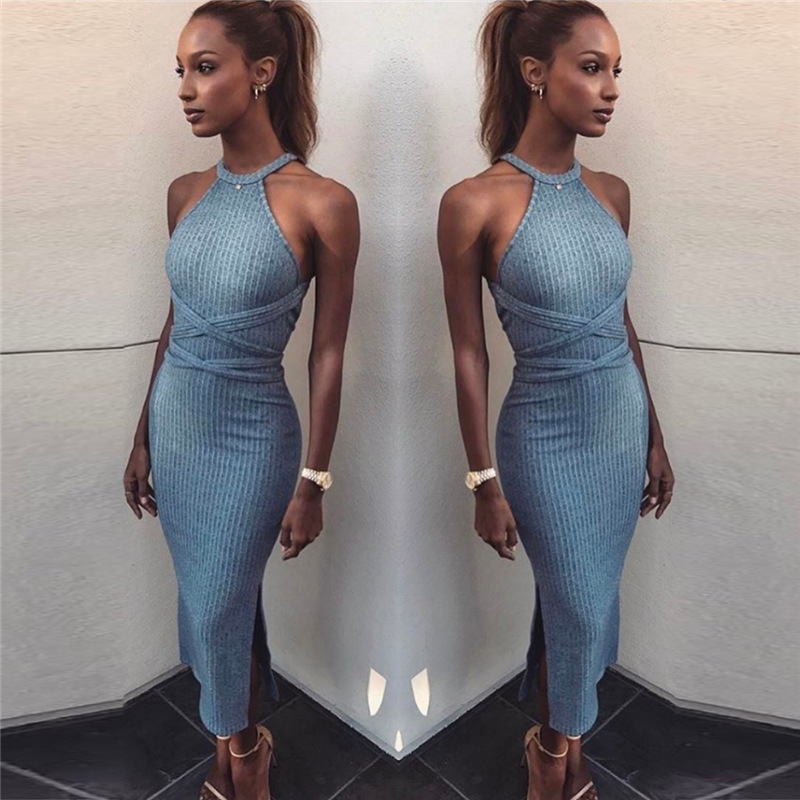 

European and American style spring and summer women' open back strap sleeveless slim dress long skirt 210602, Gray