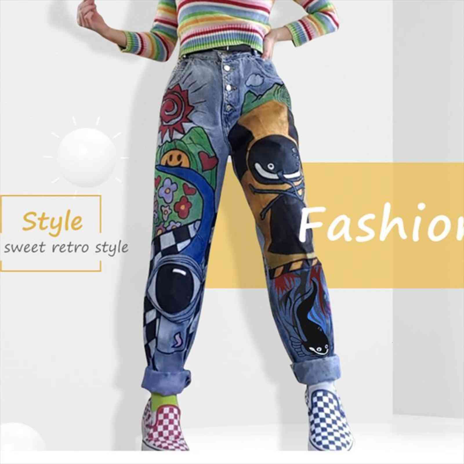 

cartoon spring printed casual womens jean trousers long pant single breasted vintage female hight waist denim, Blue