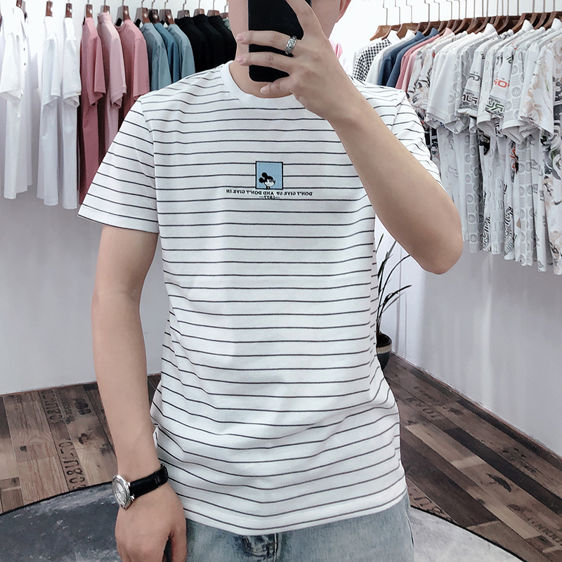 

Korean men's summer New Youth White Street casual half sleeve embroidery stripe thin cotton short t-shirt men, Black and white stripes