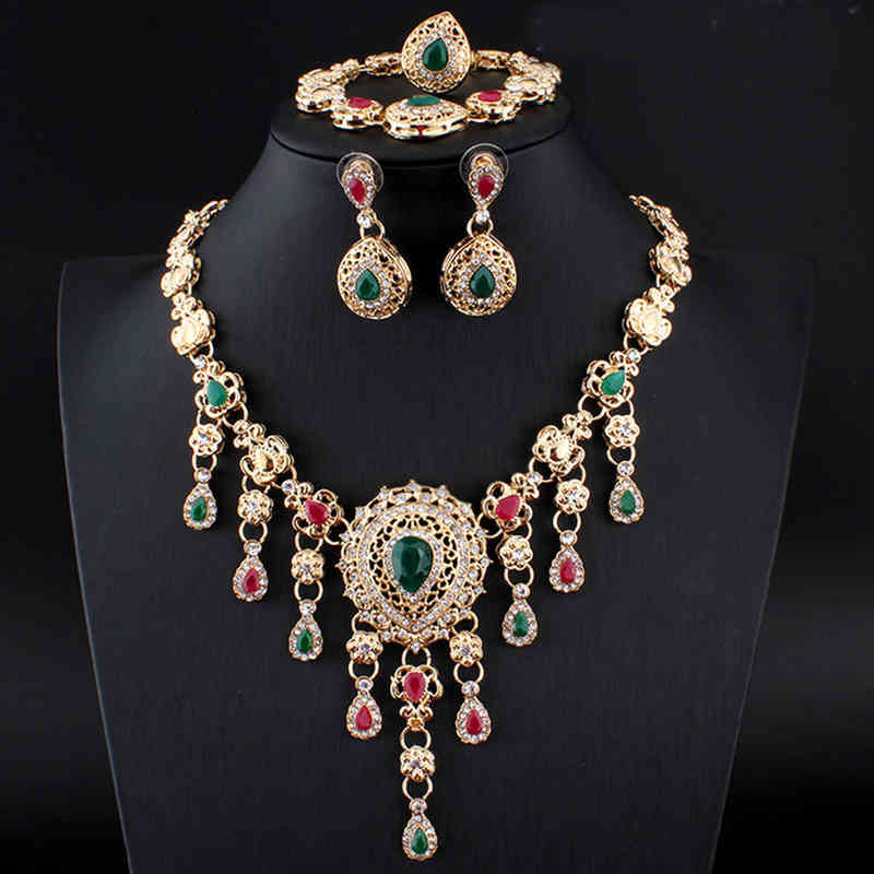 Indian Women's Jewelry Aesthetic Necklace Set Fashionable Earrings Wedding Accessories Ring Bracelet 4 Pieces 211204-image-745865597