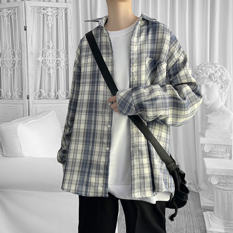 

2021 New Spring Plaid Men's Fashion Retro Casual Men Streetwear Long Sleeve Shirts Mens Shirt S-xl Ewue, Blue