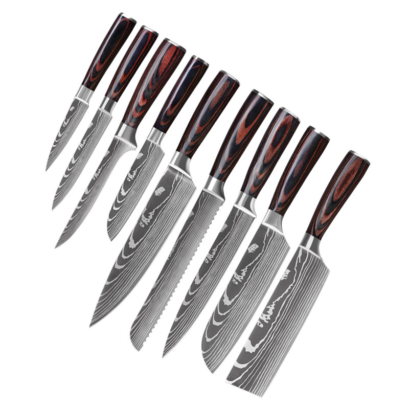 kitchen chef's knives with Colorful wooden handle + natural stripe, Luxury Knife Set for Kitchen. Damascus pattern Japanese Meat Cleaver Sli-image-715617145