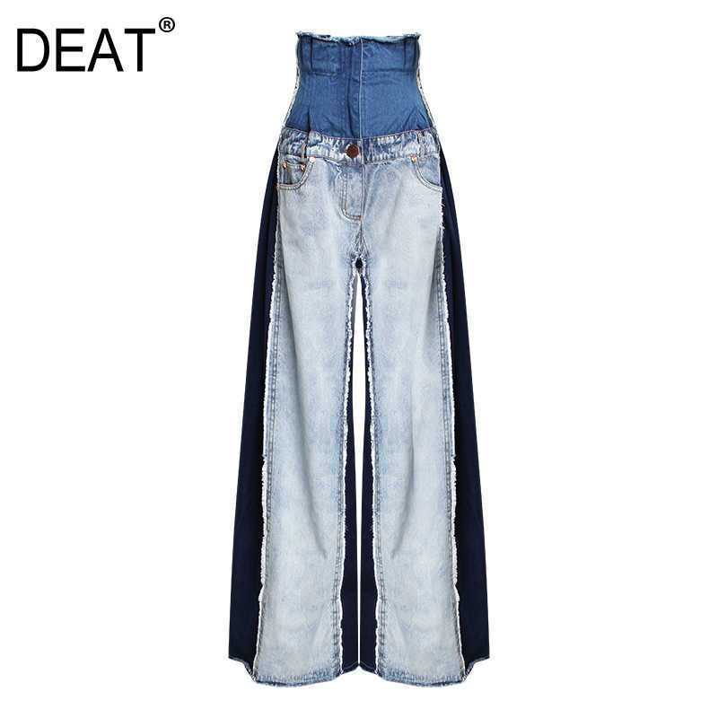 

[DEAT] Autumn Winter High Waist Loose Spliced Color Denim Pocket Blue Long Wide Leg Jeans Women Trousers Fashion 210527