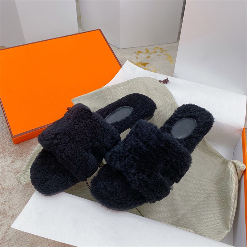 

2022 Women Fur Oran Sandals Woolskin Slides Slippers Designer Sandal Flat Flip Flops Black Winter Plush Shoes Top Quality Booties NO328, Color 1
