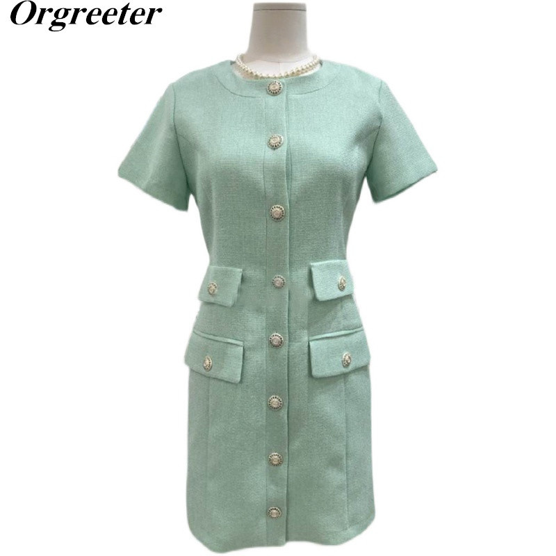 

Korean Style Elegant Ladies Dress Summer Temperament Tweed O-Neck Single-Breasted Short-Sleeved Woolen 210525, Mint