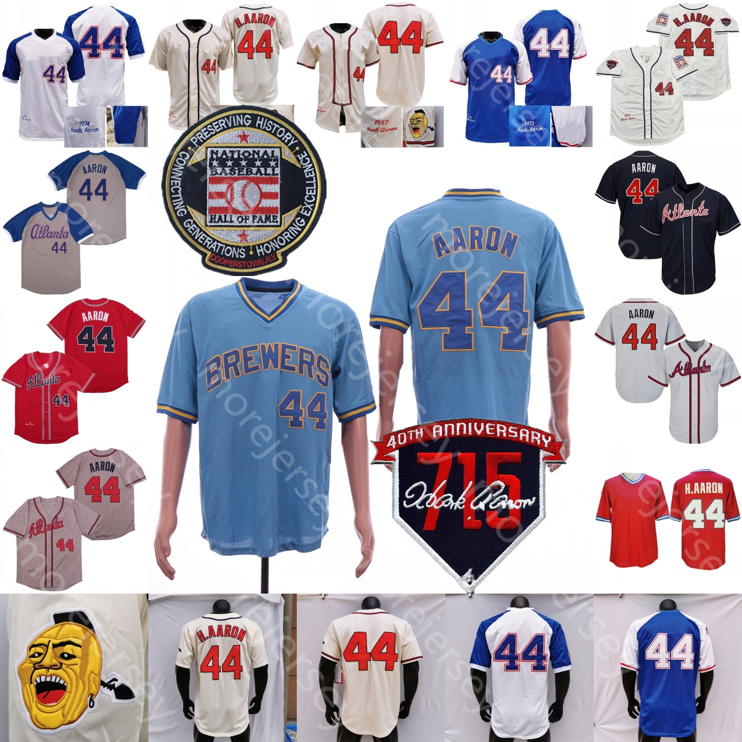 

Hank Aaron Jersey Baseball 715th 40th Hall Of Fame Patch 1963 1974 Cream Zipper White Grey Pullover Navy Red Fans Vintage Size S-3XL, 1963 cream
