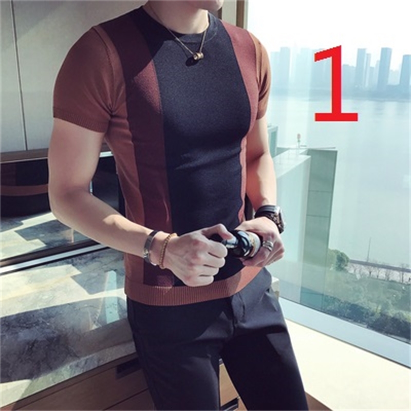 

2021 New Summer Ice Short-sleeved T-shirt Male V-neck Tide Brand Thin Mulberry Silk Jacket Men's Hollow Sz48