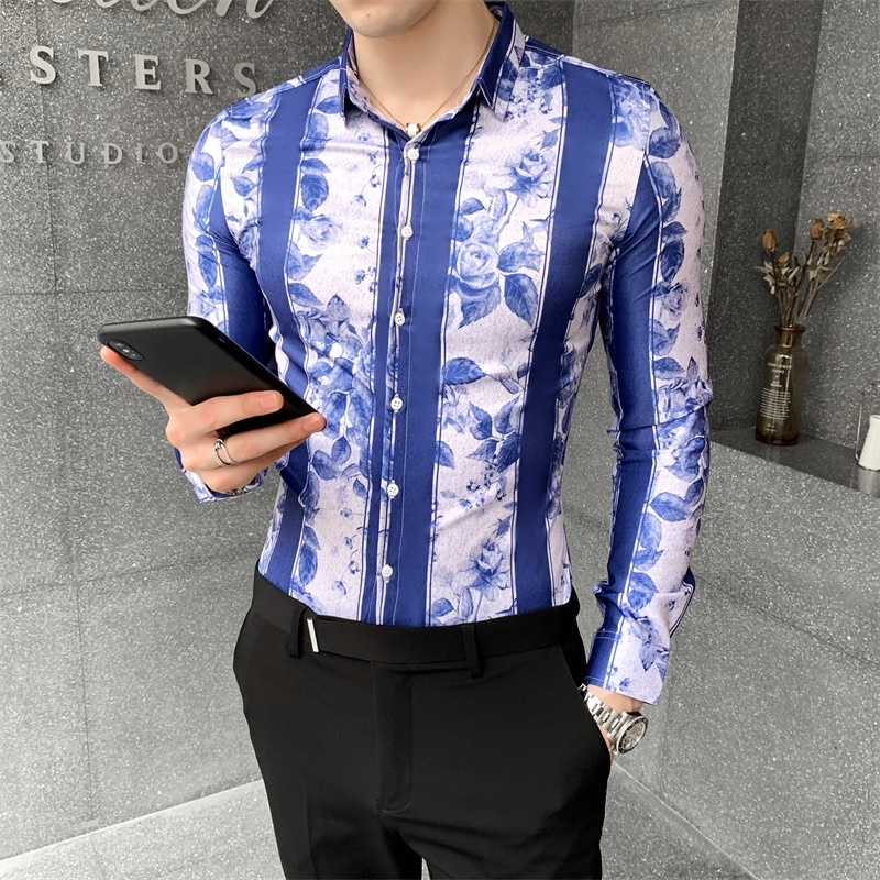 

2021 Mode Men Casual Floral Autumn New Long Sleeve Striped Shirts for Men's Clothing Fine Adjustment Digital Blouse T309, Coffee