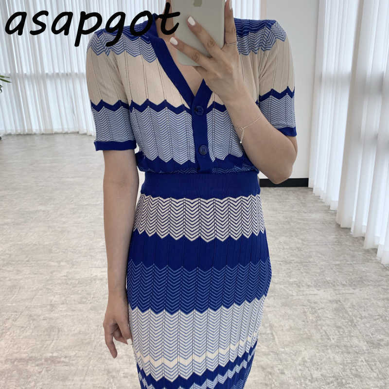 

Chic Retro V Neck Contrast Short Sleeve Striped Knitwear Tops Slim Elastic High Waist Wrap Hip Skirt Knitted Sets Summer Elegant 210610