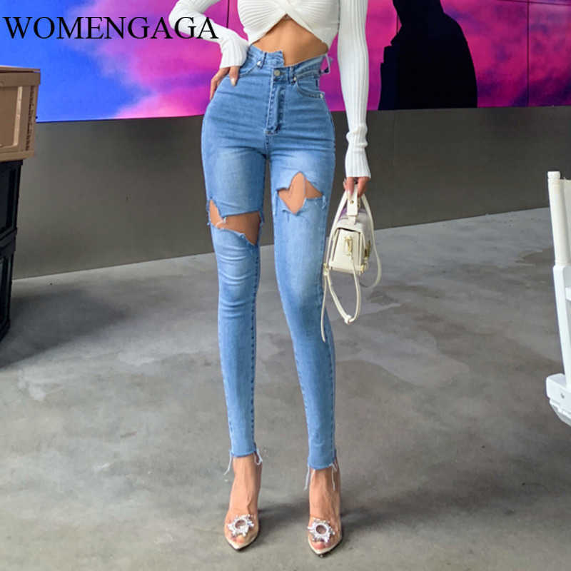 

WOMENGAGA Autumn Women High Waist Patchwork Hole Irregular Sexy Cargo Pants Jeans Trousers Girl Female HTMD 210603, Light blue