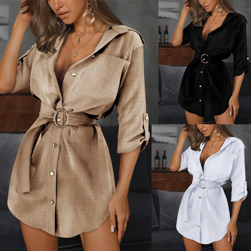 Womens Slim Sexy Shirt Dress V-neck Summer Woman Solid Color OL Belt Lapel Neck Dresses Women Fashion Casual Clothes