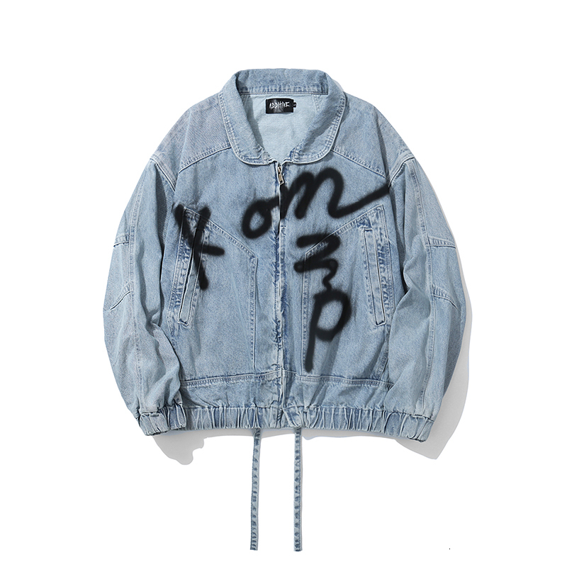 

2021 New High Street Drawstring Elastic Bottom Jeans Jacket Men and Women Graffiti Oversize Casual Denim Coat Hip Hop Loose Clothing B0ly, Blue