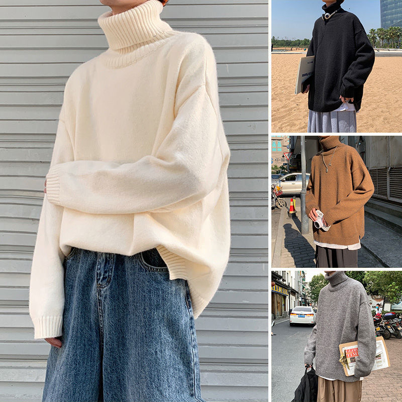 

2021 New Winter Turtleneck Sweater Men's Warmth Fashion Casual Retro Knitted Pullover Men Loose Korean Knitting Sweaters Mens Clothes Ksd9, Black