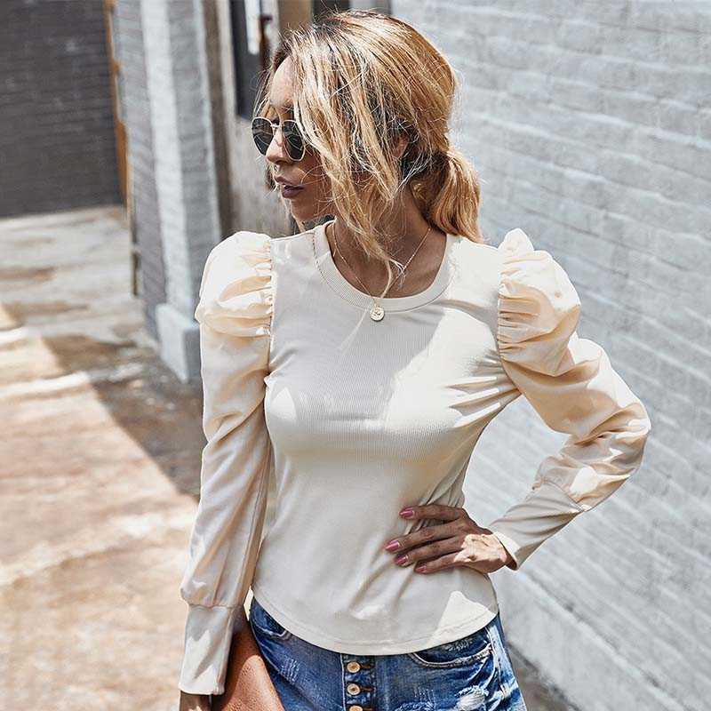 

Casual Knitted Blouse Women Autumn Korean Puff Sleeve Office Work Vintage Blouse Shirts W619 210526, Biege