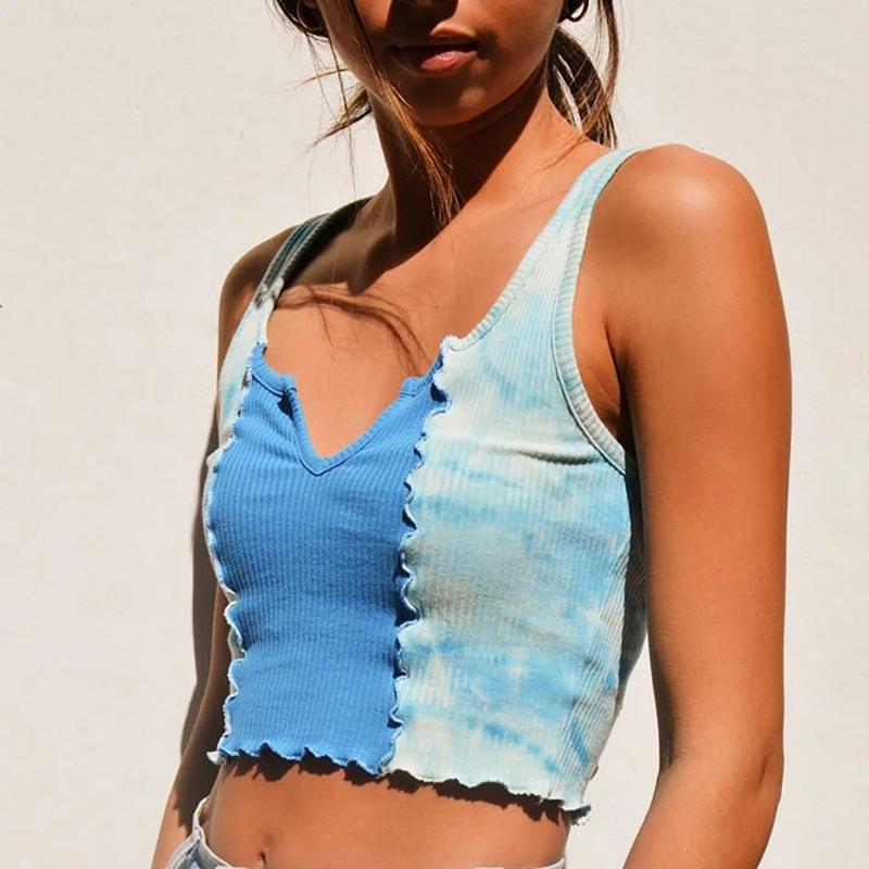 

Splicing Vest Women' New Fashion Round Neck Sleeveless Short Open Navel Vest Patchwork Top Summer Camisole Blusa Feminina Verão, Blue