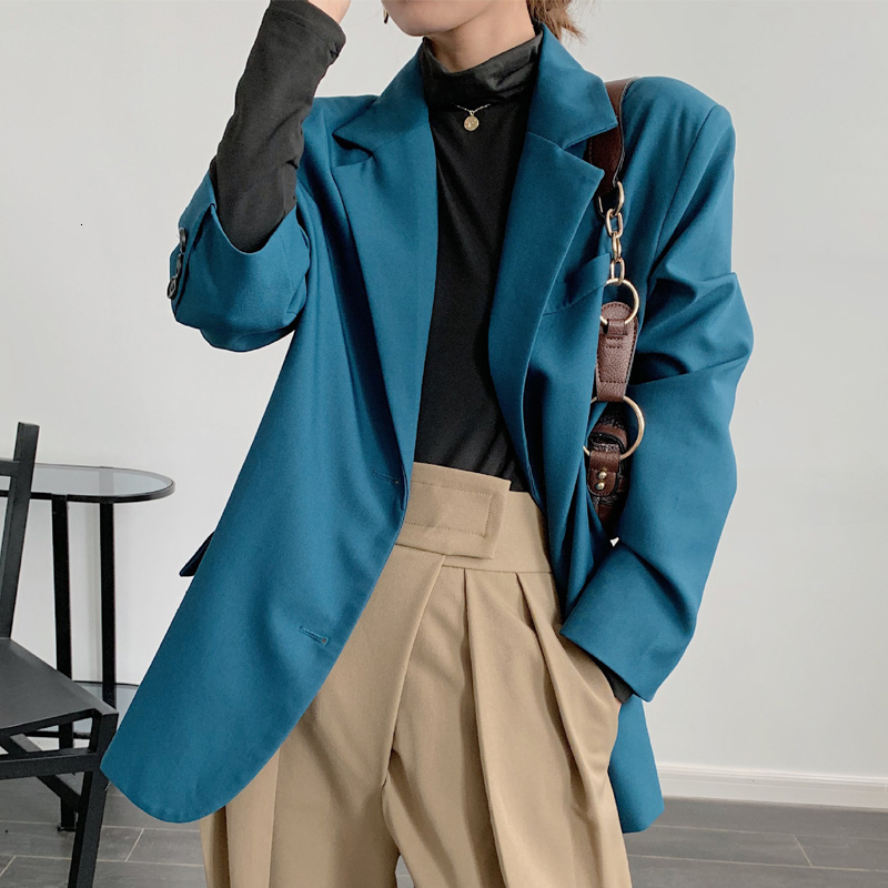 

2021 Women Spring Jacket Down Collar Blue Blazer Ladies Coat Tops for Women's Clothes Muxq, Black