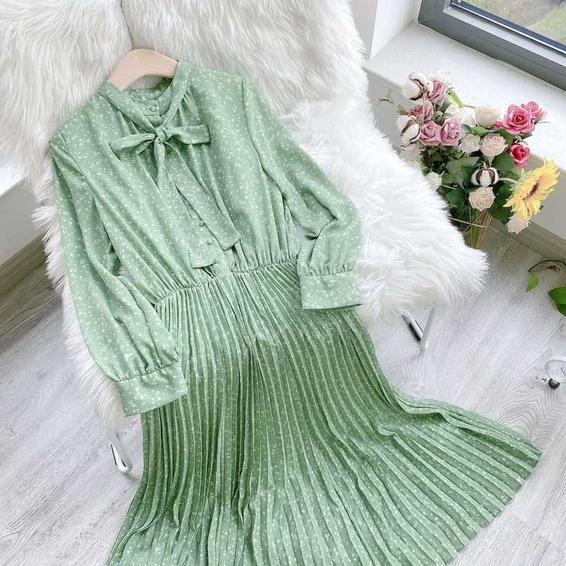 

Spring Temperament Flower Print Bow Long Sleeve Dresses for Women Elastic Waist Pleated Vestidos Feminino with Camisole 210525, Pink