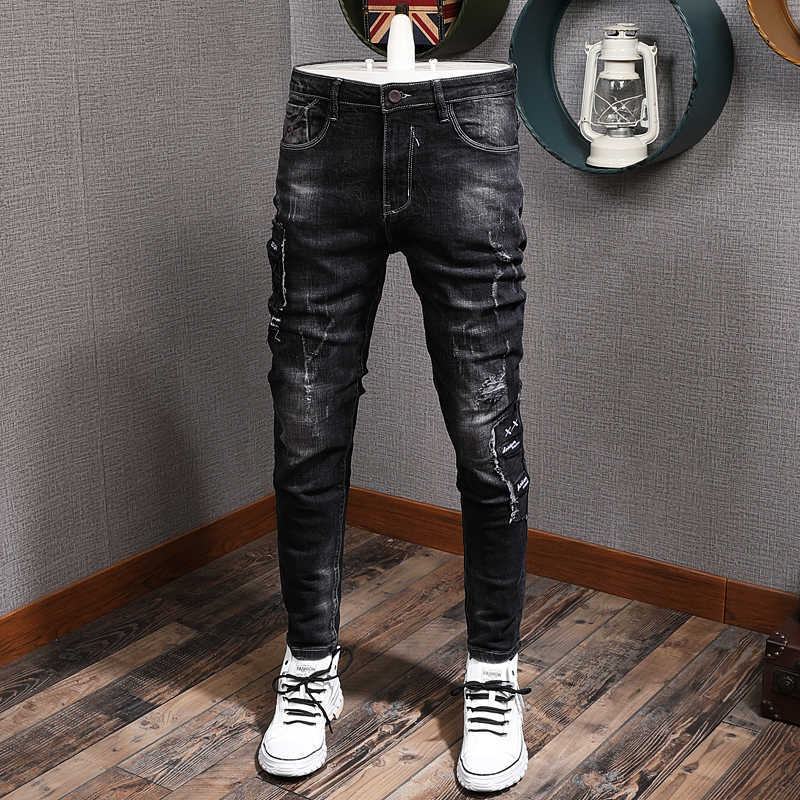 

Ly Designer Fashion Men Jeans Black Color Elastic Slim Fit Ripped Denim Pants High Quality Korean Style Hip Hop Long Trousers