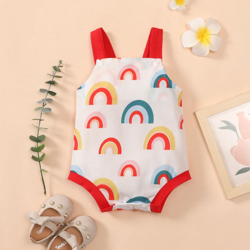 

Rompers 2021 Baby Summer Clothing Infant Born Boy Girl Romper Sleeveless Clothes Rainbow Backless Bodysuit Print Sunsuit, Red