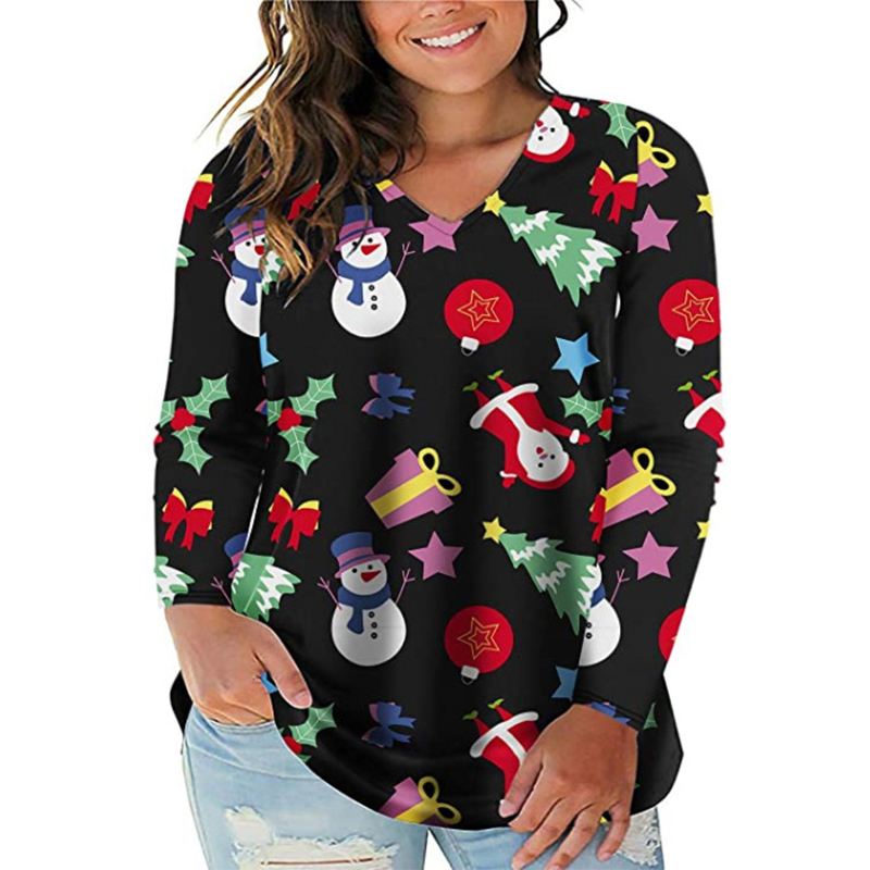 

2021 Amazon European and American Style Plus Size Top Christmas Casual V-neck Waist Long-sleeved Shirt Top, White