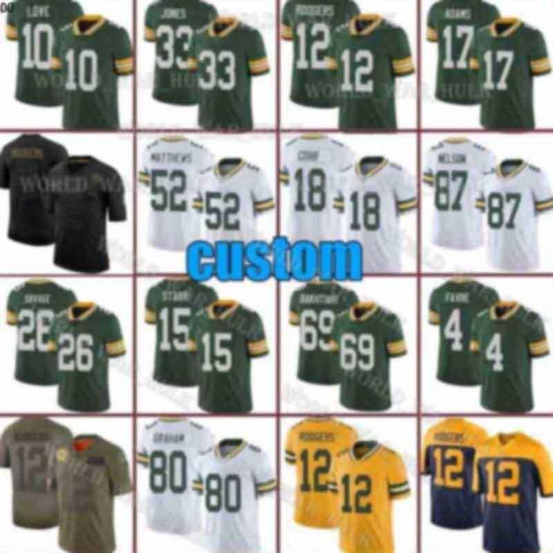 

33 Aaron Jones Love 12 Aaron Rodgers Green Bay Packer Jersey Davante Adams 4 Brett Favre 26 Darnell Savage Jr. Kevin King Bart Starr, Custom men (baozhuanggong)