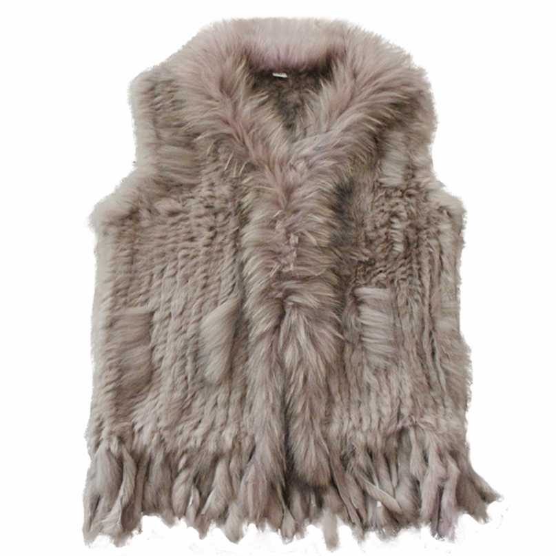 

Harppihop womens natural real rabbit fur vest with raccoon fur collar waistcoat/jackets rex rabbit knitted winte 211018, Natural grey