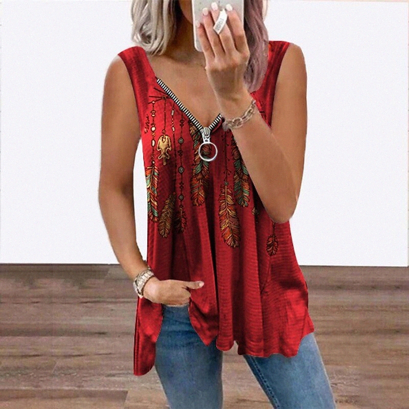 Women's Tank Top Vest Feather Flowing tunic Quarter Zip Print V Neck Basic Streetwear Tops Blue Purple Black q37K#