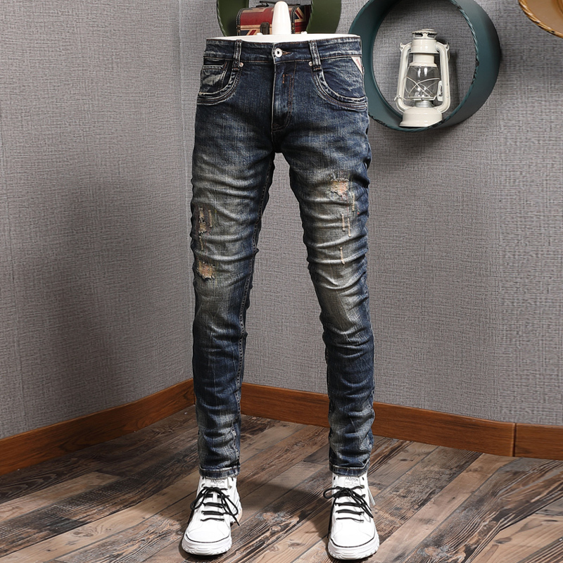

2021 New Italian Fashion Men Jeans High Quality Retro Black Blue Elastic Slim Fit Ripped Denim Pants Patchwork Vintage Designer Trousers Uxl
