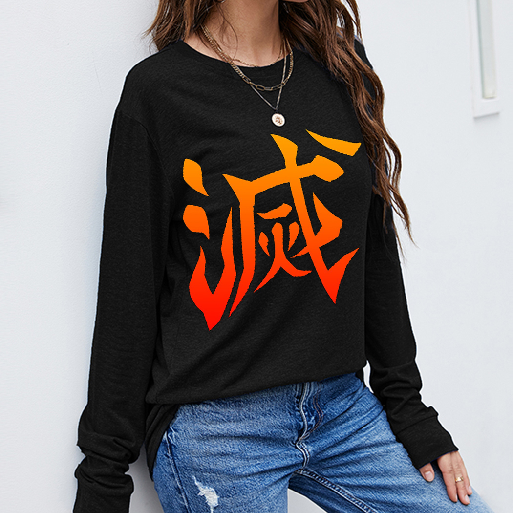 

Women Long Sleeve T-shirts Autumn Anime Manga Pattern Printing Round Collar Loose Pullovers Female Casual Sport Tees Street Wear Hip Pop Tops, Black 2