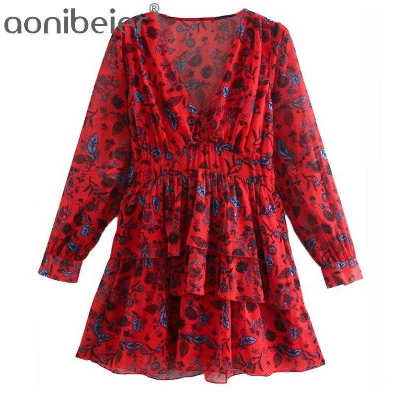

Women Ruffled Print Red Mini Dress Long Sleeve Elegant Party Dresses Chic Flounced Hem Interior Lining Urban Style 210604