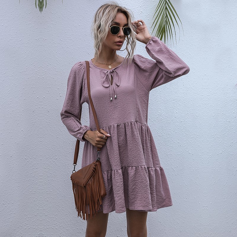 

2021 New Women Ruffle Mini Solid Fashion O-neck Long Sleeve Casual Pleated Elegant Ladies Es Plus Size Vestidos Prld, Pink