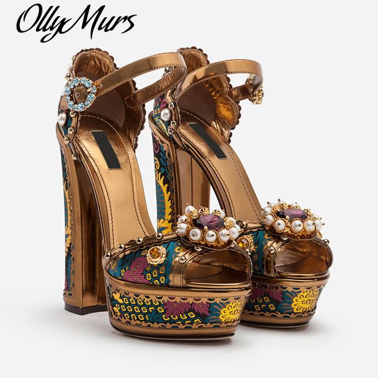 

Ollymurs New Designer High Heel Platform Sandals Pearl Flower Shoes Women Crystal Embellished Ankle Strap Shoes Women, As pic