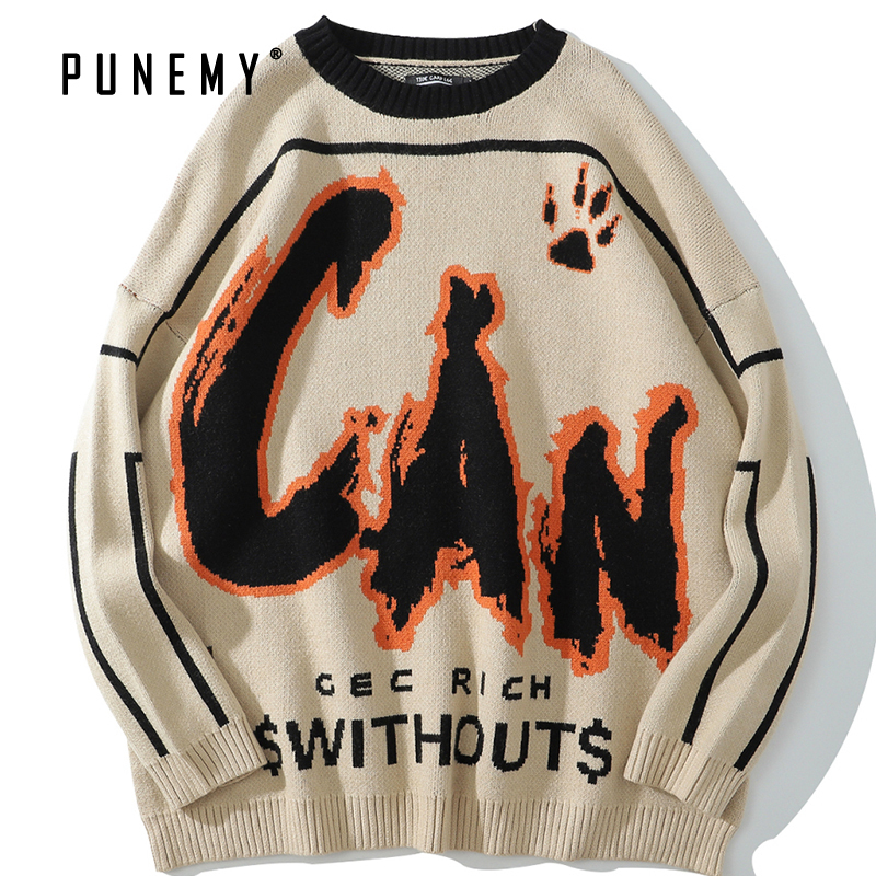 

2021 Sweater Men Funny Pattern Spandex Autumn New Hip Hop Streetwear O-neck Oversize Harajuku Casual Couple Mens Sweaters 8lwl, Black
