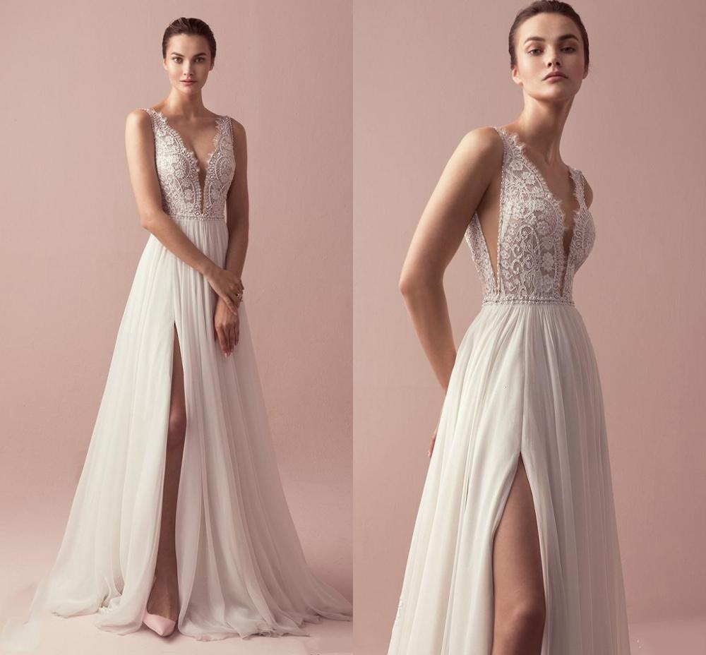 

2021 New Sexy Boho Lace Aline Wedding Gowns V-neck Beads Elegant Bride Side Slit Robe De Mariee V02j, Ivory