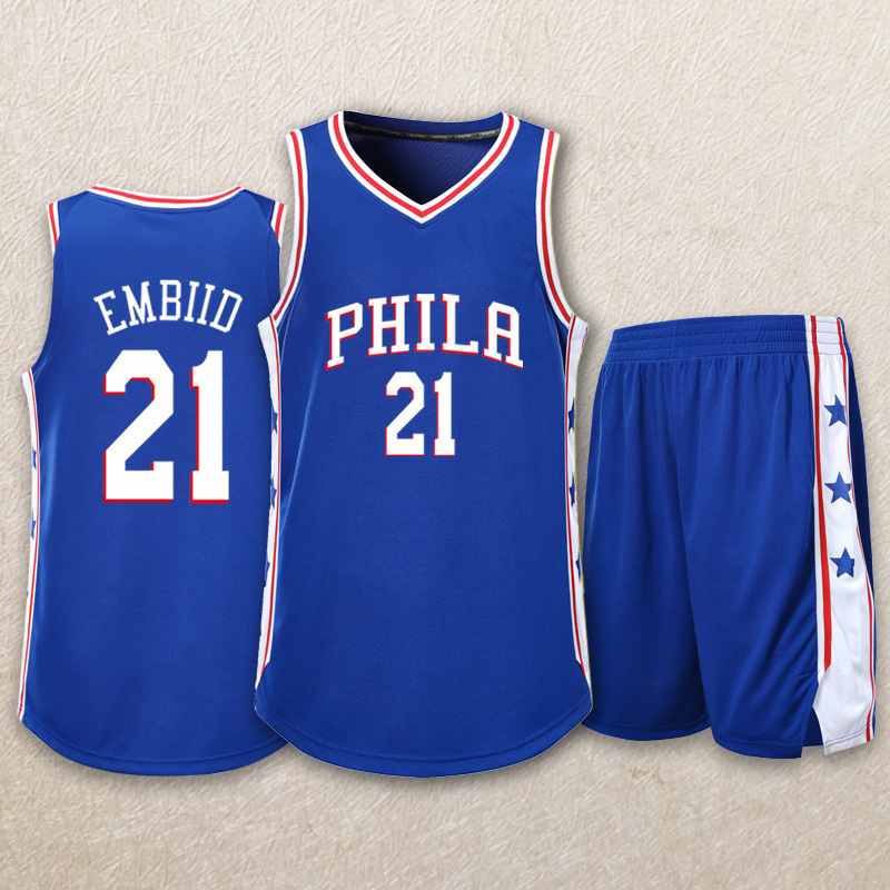 

76ers Basketball Suit Men's Training Match Uniform No.25 Simmons No.21 Enbid Sports Jersey, Gray