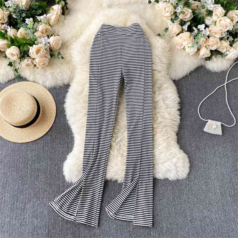

Ins Fashion Women Long Pants Vintage Style Striped Print Knitted High Waist Straight Leg Split Hem Trousers Casual Streetwear 210603, Black