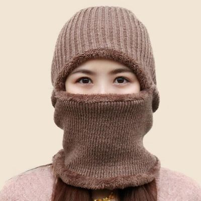

Autumn and Winter Knitted Wool Sleeve Cap Mens Light Board Mask Couple Hat plus Velvet Thickened Womens Ear Protection Hoodie Neck Warmer, With hat brim navy blue