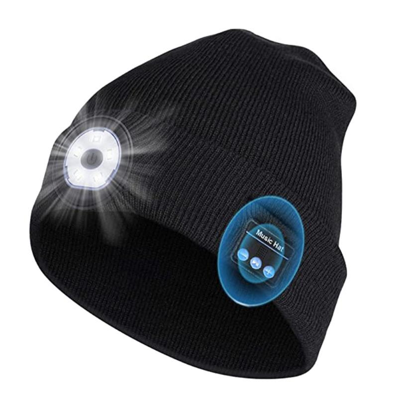 

Wireless Bluetooth Earphone Hat With Removable LED Light BT Music Caps Cycling Night Running Knitted Hat Outdoor Emergency Lamp, Black